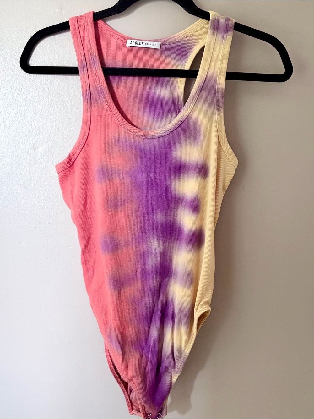 Agolde Ribbed Tie-Dye Tank Bodysuit in Pink, Purple & Cream